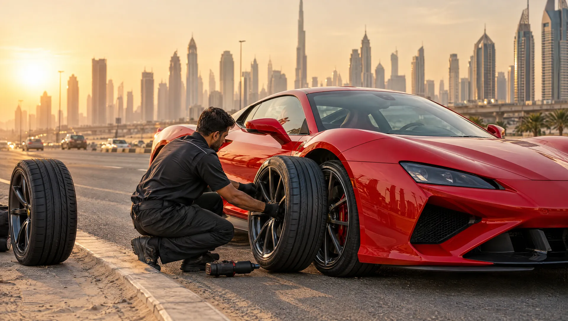 Mobile technician fitting new low-profile tyres on a red supercar in Dubai