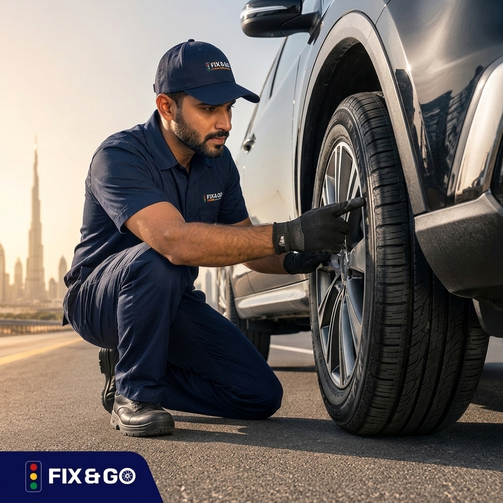 Fix and Go technician inspecting tyre sidewall for cracks and wear in Dubai UAE