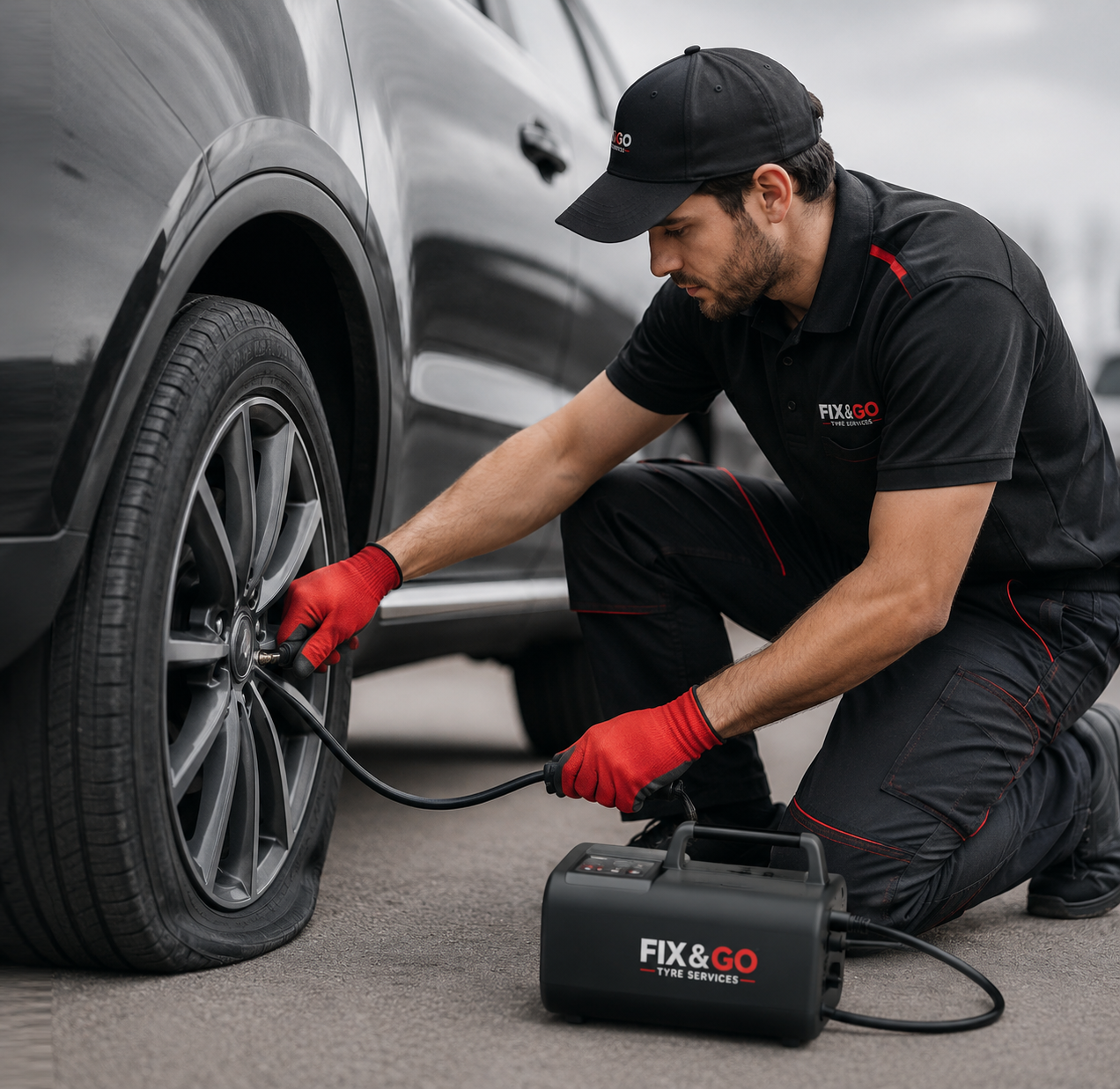 Fix & Go technician repairing a flat tyre on location