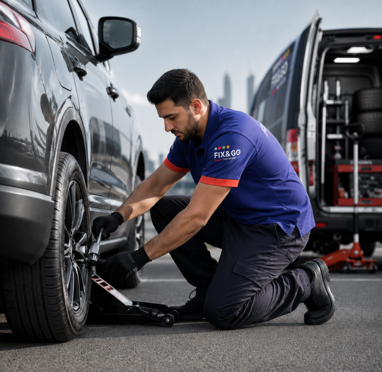 Fix & Go technician replacing car tyre on location in Dubai